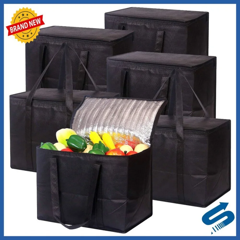 Set of 6 Insulated Reusable Grocery Totes Foldable Heavy Duty Zipper Cooler Bags